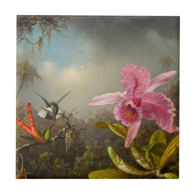 Orchid med två Hummingbird Heade Kakelplatta (Framsidan)