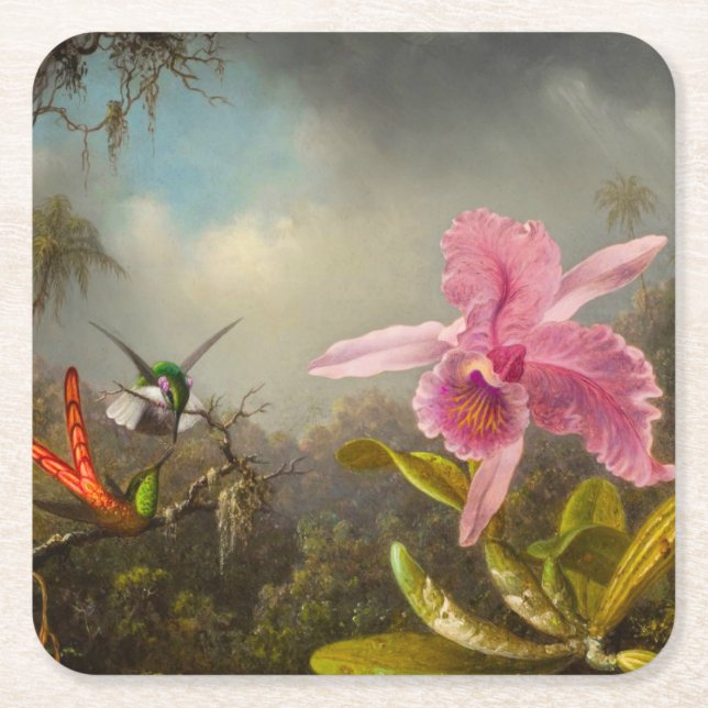 Orchid med två Hummingbird Heade Underlägg Papper Kvadrat (Framsidan)