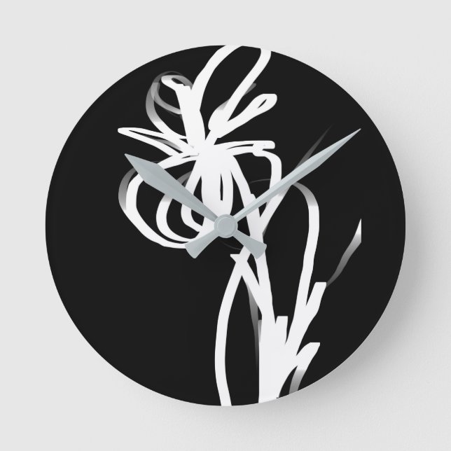 Orchid Noir: Abstrakt Black & White Rund Klocka (Framsida)