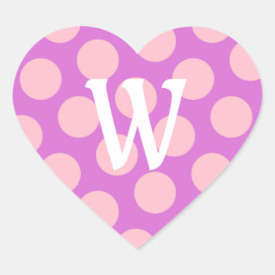 Orchid och Rosa Polka dots White Modern Monogram Hjärtformat Klistermärke
