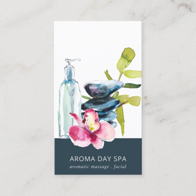 ORCHID STONE NAVY WATERCOLOR SPA MASSAGE-BEHANDLIN VISITKORT (Framsida)