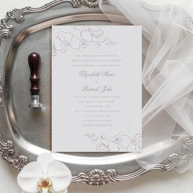 Orchid Timless Faux Ivory Classic Formal Bröllop Inbjudningar (orchid wedding invitation formal traditional classic parents ivory faux embossed art sketch luxury)