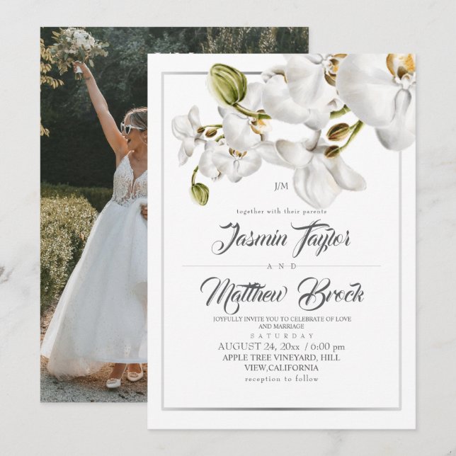 Orchids Frame Elegant Wedding Photo Inbjudningar (Fram/baksida)