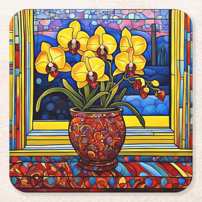 Orchids i vas vid fönstersida 4 underlägg papper kvadrat (Framsidan)