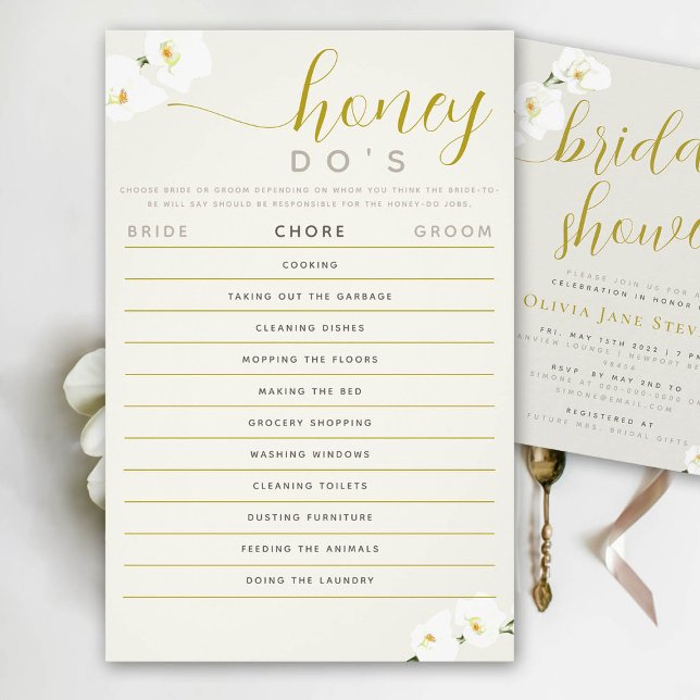 Orchids Möhippa Game Honung Do List Ecru Chic Flygblad (bridal shower game honey do list bride or groom orchids ecru ivory gold calligraphy)