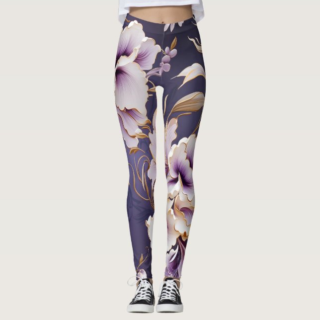 Orchids Mönster - Violet White och Guld Leggings (Framsida)