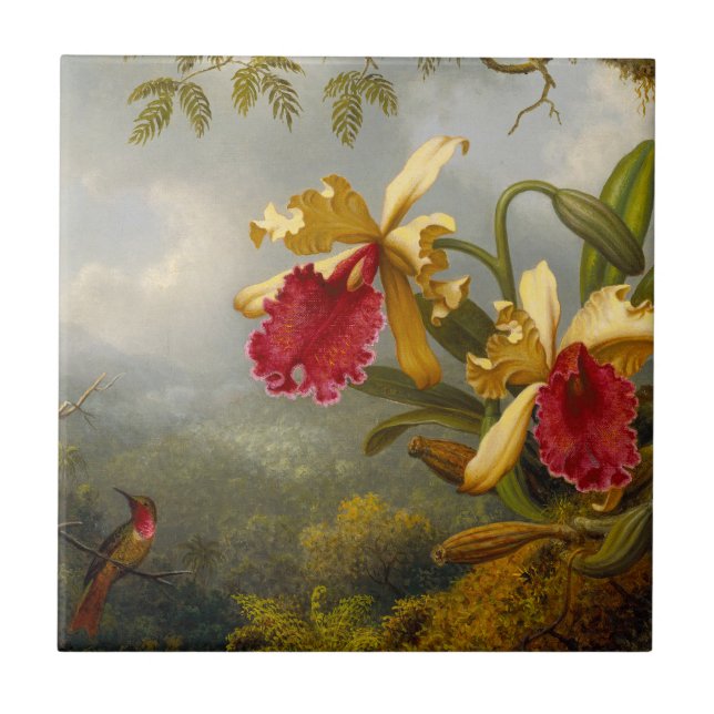 Orchids och Hummingbird Heade Kakelplatta (Framsidan)