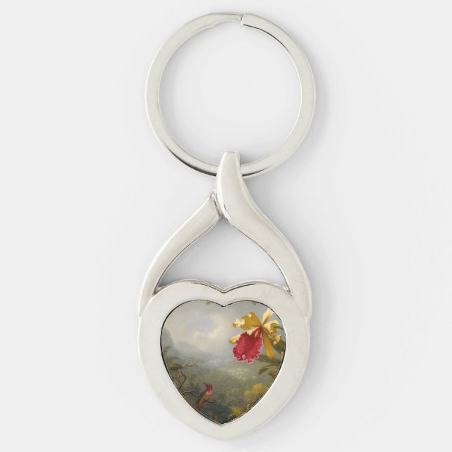 Orchids och Hummingbird Heade Twisted Heart Silverfärgad Nyckelring (Framsidan)