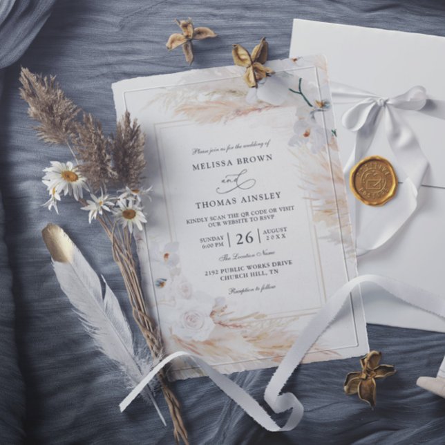 Orchids Pampas Grass Budget QR Code Wedding Inbjudningar (Skapare uppladdad)