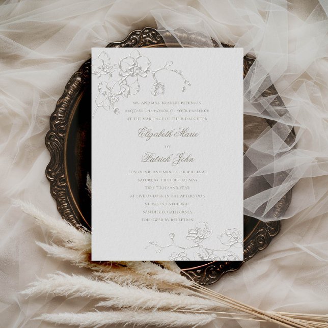 Orchids Romantic Ivory Forme Traditional Bröllop Inbjudningar (orchids wedding invitation formal traditional modern classic art sketch ivory calligraphy royal chic)