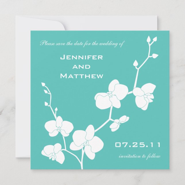Orchids Save Date - Turquise Blue and White Spara Datumet (Framsida)