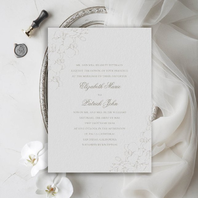 Orchids Silky Ivory Forme Traditional Bröllop Inbjudningar (orchids wedding invitation formal traditional modern classic double frame ivory faux embossed silky)
