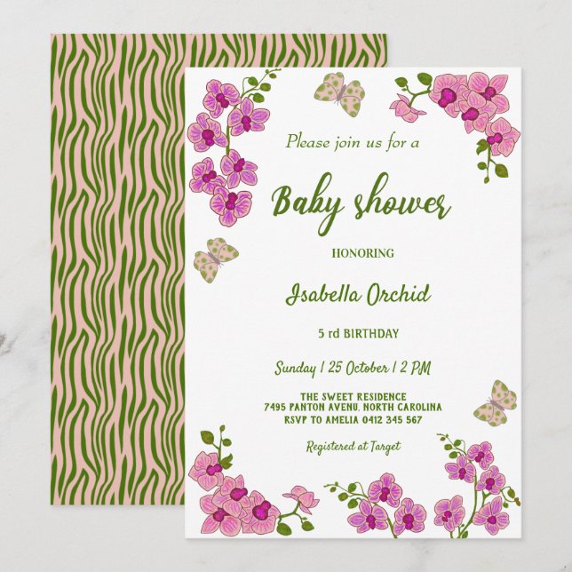 Orchids Tropical Butterfly Baby Shower-inbjudan Inbjudningar (Fram/baksida)