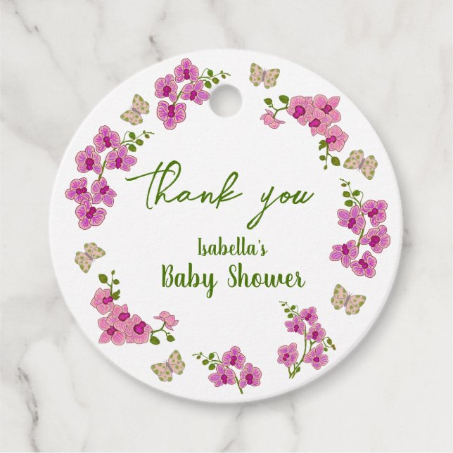 Orchids Tropical Butterfly Lila Pin Baby Shower Gåvor Etiketter (Framsida)