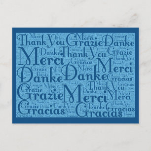 Ord Art: Tack på flera språk - Aqua Blue Vykort