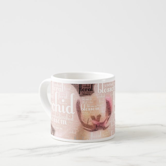 Ord Cloud Typography of Orchid, Blommigt, Blommar Espressomugg (Framsida vänster)