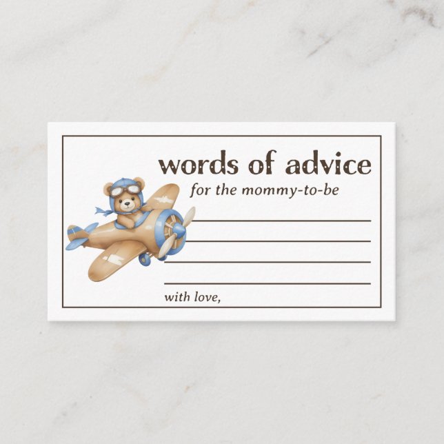 Ord för Nalle Pilot Pojke Shower för rådgivning Tilläggskort (Framsida)