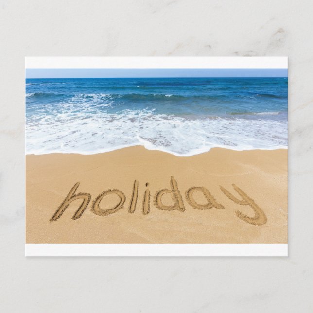 Ord helgdag skrivet i sand på stranden helg vykort (Framsida)