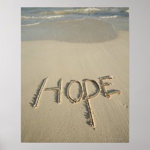 Ord "Hope"-sand som skrevs på stranden med Poster