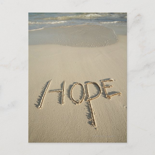 Ord "Hope"-sand som skrevs på stranden med Vykort (Framsida)