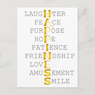 Ord i HAPPINESS i Guld Lettering Vykort