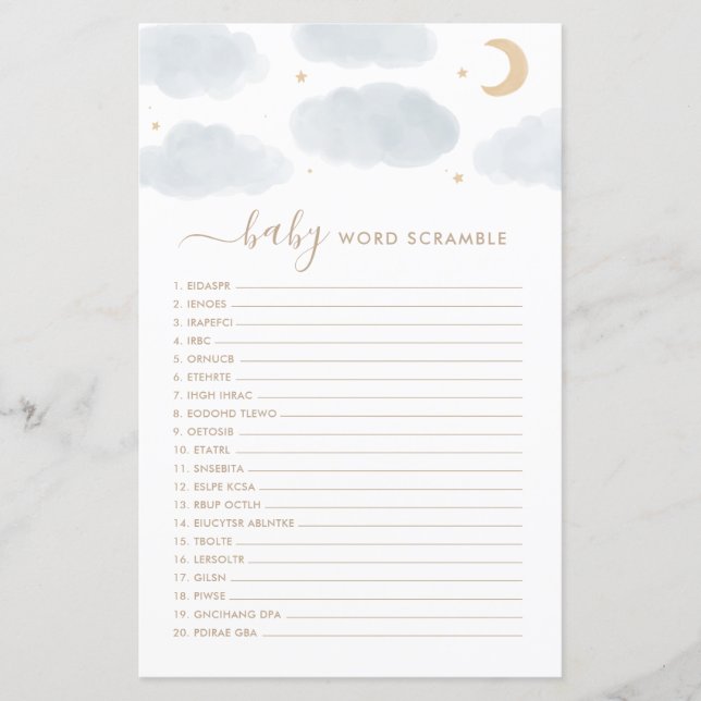 Ord Scamble Baby Shower Game över Måne (Framsida)