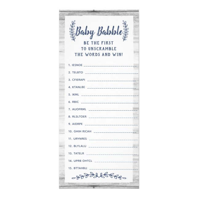 Ord Scramble Baby Shower-spel, 25-pack Reklamkort (Framsidan)