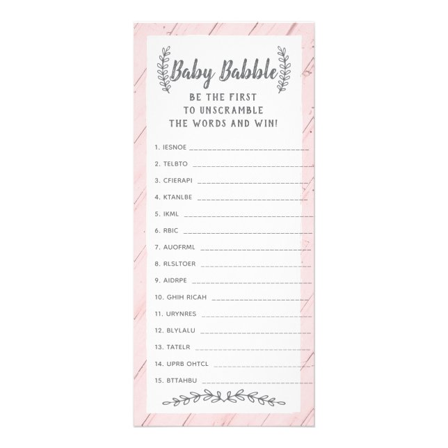 Ord Scramble Baby Shower-spel, 25-pack Reklamkort (Framsidan)