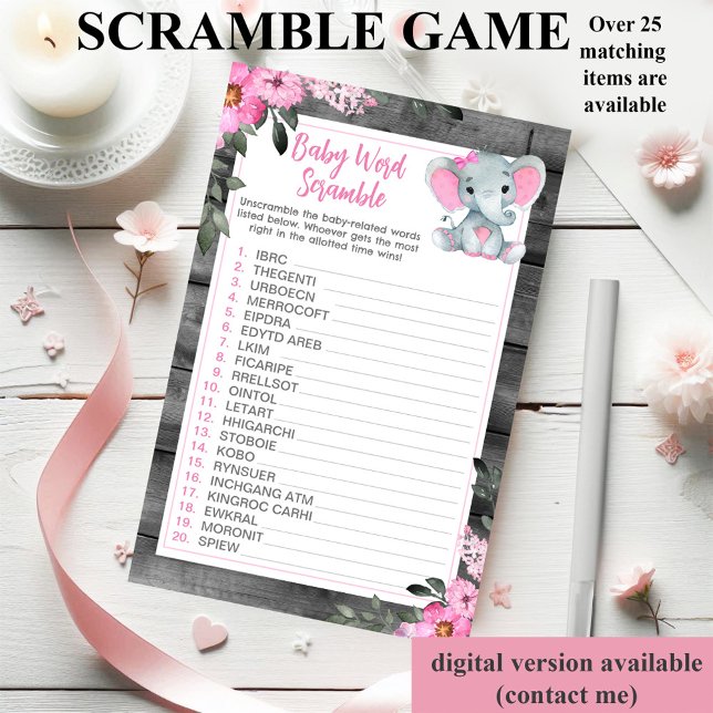 Ord Scramble Game Elephant Rosa Blommigt Flygblad (Skapare uppladdad)