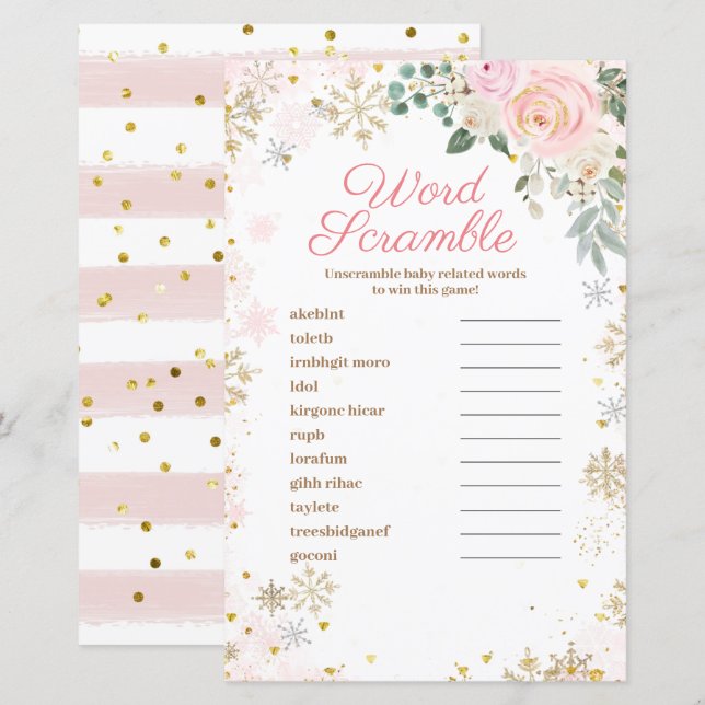 Ord Scramble Game Winter Rosa Blommigt Snöflingor (Fram/baksida)