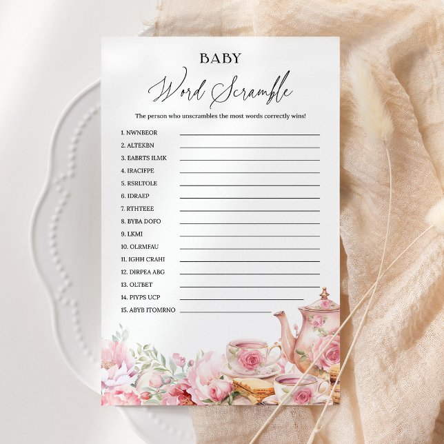 Ord Scramble Rosa Blommigt Tea Baby Shower Game (Skapare uppladdad)