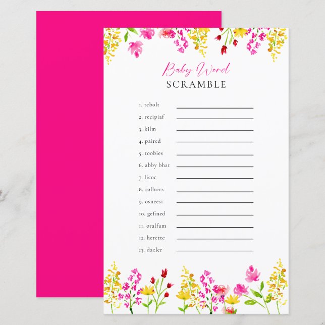 Ord Scramble WildblomBaby Shower-spel (Fram/baksida)