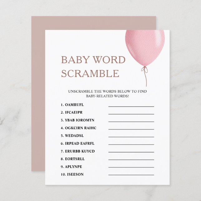 Ord-skam | Rosa Ballon Baby Shower-spel (Fram/baksida)