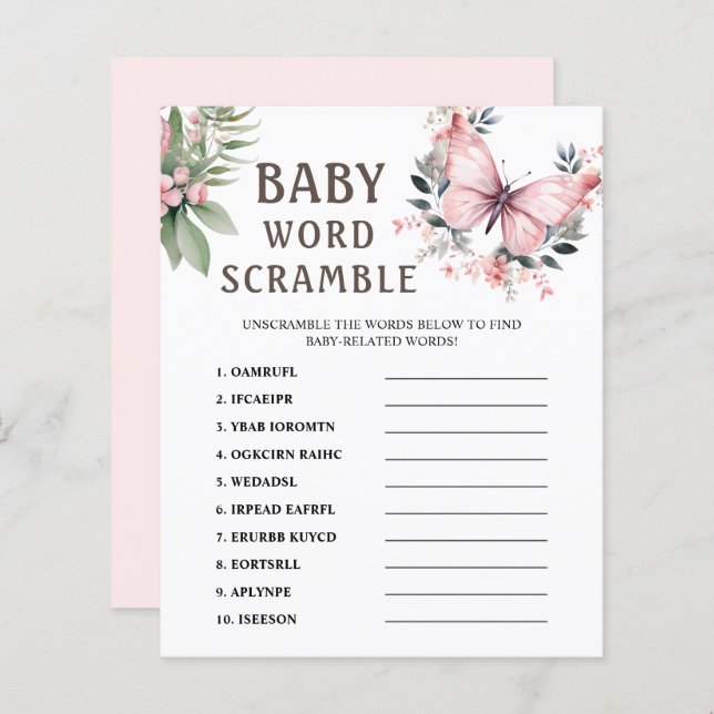 Ord-skam | Rosa Butterfly Baby Shower Game (Fram/baksida)