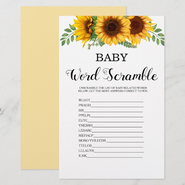 Ord Skramble Sunsun Baby Shower Game (Fram/baksida)