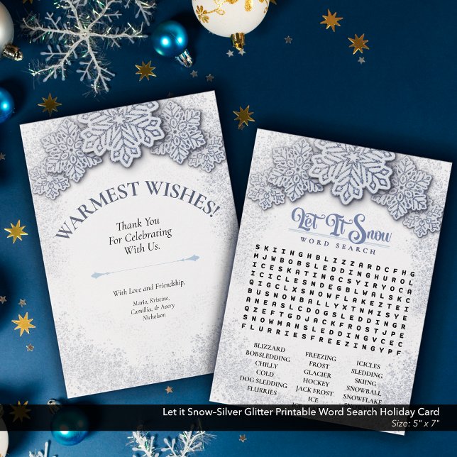 Ord-sökning för utskrivbara Låt det snöa-utskrifte Julkort (Let it Snow–Silver Glitter Printable Word Search Holiday Card)