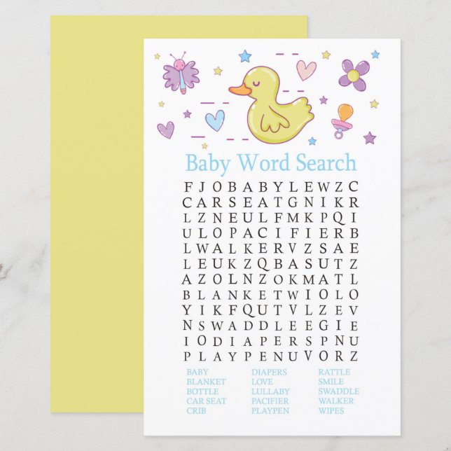 Ord-sökspelet Rubber anka Baby Shower Search (Fram/baksida)