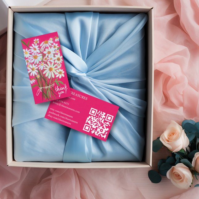 Order TACK Cute Daisy Bouquet Rosa QR-kod Visitkort (Pink watercolor daisy bouquet thank you note business card with QR code)