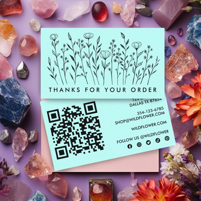 ORDER THANKS Wildblommor QR Code Social Icons Visitkort (Custom QR code and social icons on this thank you for your order card with botanical wildflowers art)