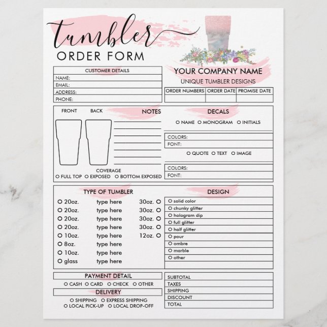 Orderformulär för rosa Push Tumbler Mugg Kopp Reklamblad (Framsidan)