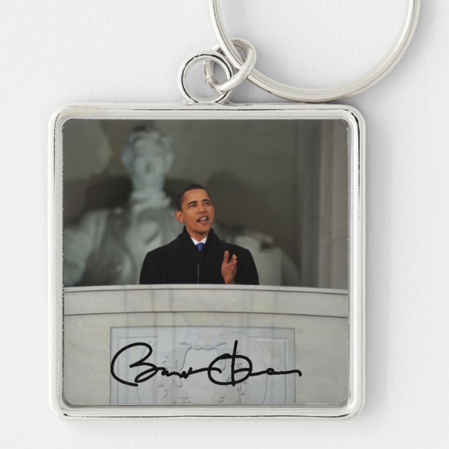 Ordförande Barack Obama Fyrkantig Silverfärgad Nyckelring (Framsidan)