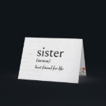 Ordlistedefinition för SISTER-födelsedag Kort<br><div class="desc">Definition av SISTER i svart text på en visköld träbakgrund för syster födelsedag. Inre text kan ändras.</div>