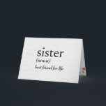 Ordlistedefinition för SISTER-födelsedag Kort<br><div class="desc">Definition av SISTER i svart text på en visköld träbakgrund för syster födelsedag. Inre text kan ändras.</div>
