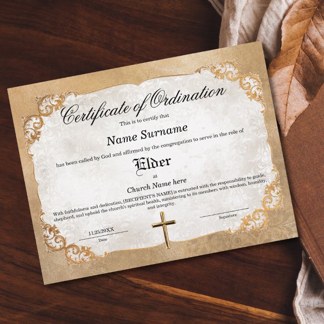 Ordningsbevis för äldre kyrka (golden floral frame vintage feel elder church certificate)