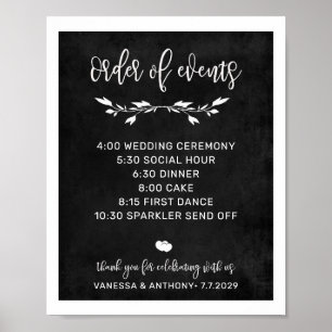 Ordningsföljd Chalk bröllop-tecken poster