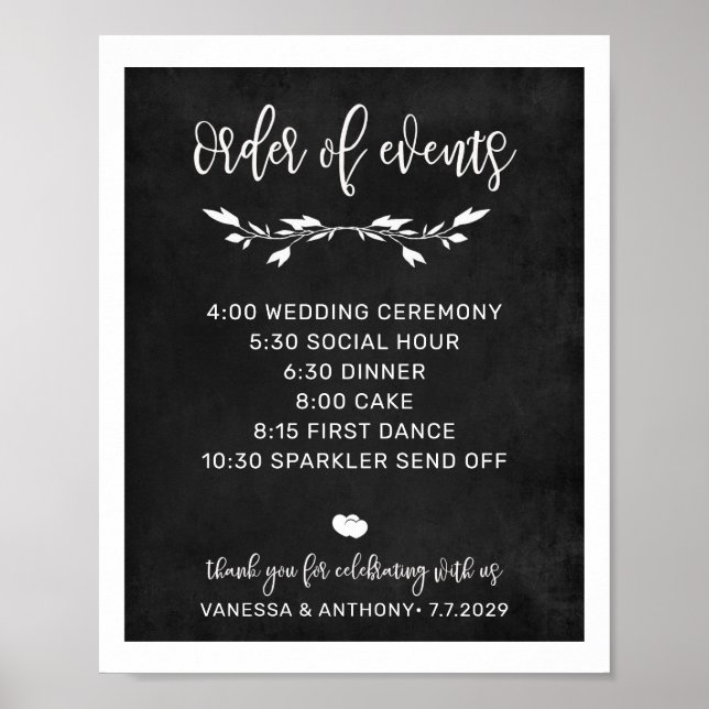 Ordningsföljd Chalk bröllop-tecken poster (Framsidan)