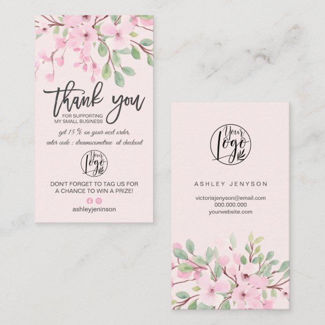 Ordningsföljd för rosa blommigt  logotyp tack visitkort (Fram/baksida)