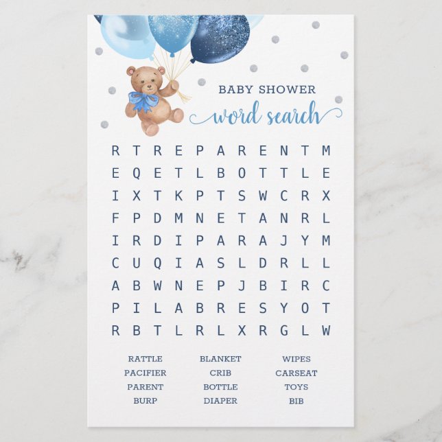 Ordsökspel Baby Shower Teddybjörn  (Framsida)