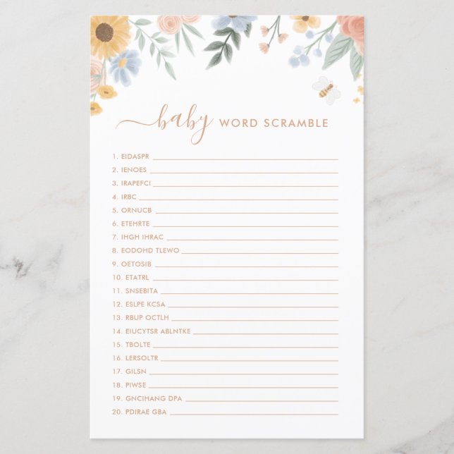 Ordspridning Baby Shower-spel Söt som kan bi (Framsida)