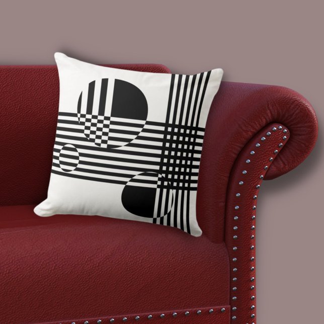Oregelbunden Rand och cirklar för svartvitt Kudde (Irregular Black & White Stripes & Circles Throw Pillow, Living Room)